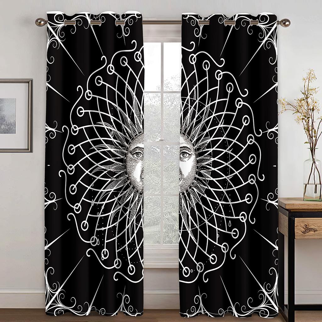 Boho Psychedelic African Women Art Black Stars Moon Panel Thin Shading Polyester Window Curtain for Bedroom Living Room Decor