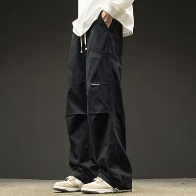 Long Trousers Streetwear Cargo Pants with Multi Pockets Elastic Waist for Fall Spring Wide Leg Loose Straight Style Trousers