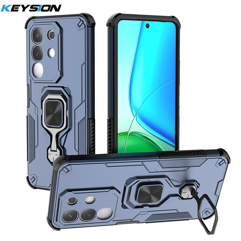 KEYSION Shockproof Armor Case for VIVO Y29 4G Soft Silicone+PC Upright Metal Live Ring Stand Phone Back Cover for VIVO Y29