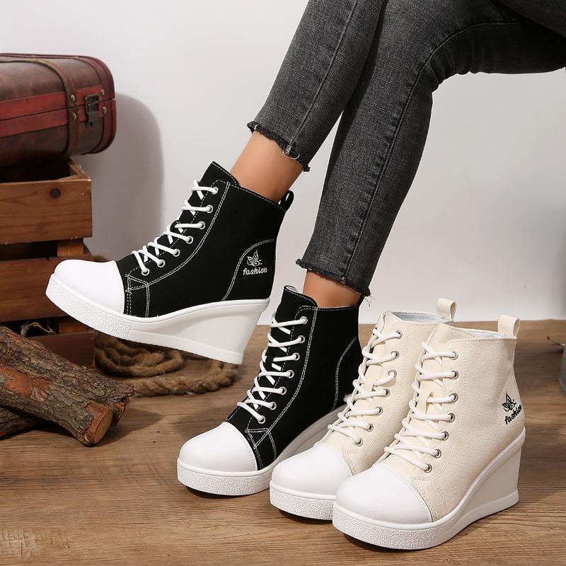 Canvas Ankle Boots Wedges High Heels Shoes Woman Rend Lace Up Spring New Fashion Leisure Pumps Walking Women's Boots Mujer Botas