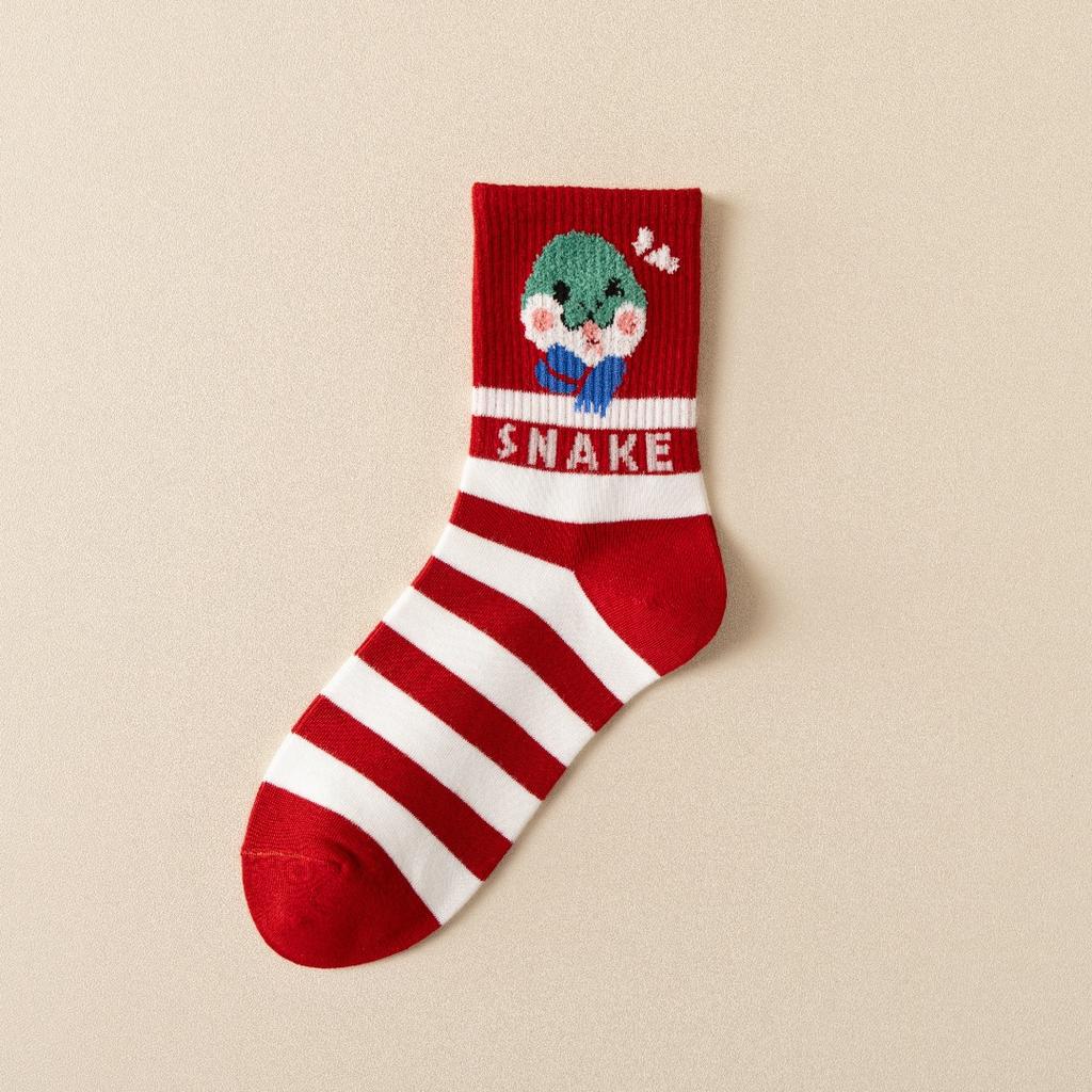 Cute Cartoon Snake Year Big Red New Year Socks Women'S College Style High Rubber Band Women'S Cotton Socks Medium Tube Lucky Socks