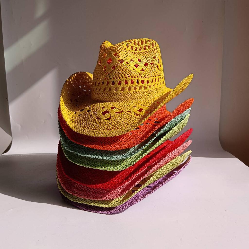 Cowboy Straw Hat new color Hand-woven Hollow Men's and Women's Summer Sun Hat Jazz Straw Hat Western Cowboy Hat sombrero