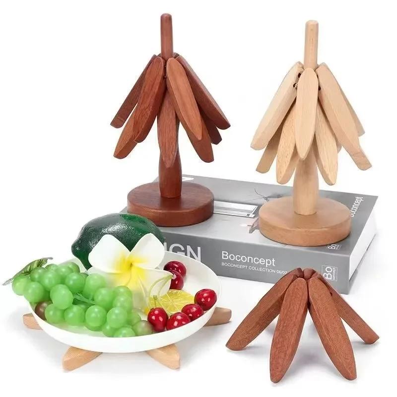 Hot Dish Wooden Tripod Decoration Foldable Tree Stand Anti-scalding Heat-resistant Table Mat Wooden Placemat Basin Kitchen Tool