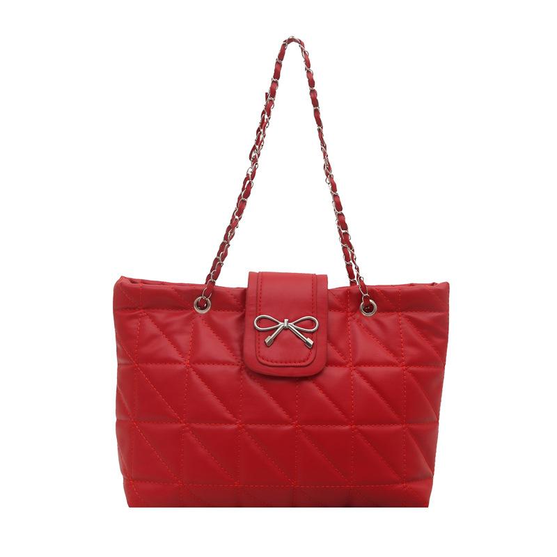 Soft rhombus chain large capacity new trendy fashion casual bow shoulder tote bag large