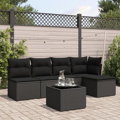 Vidaxl 6-Cz. Garden Furniture Set With Cushions, Black Poly Rattan