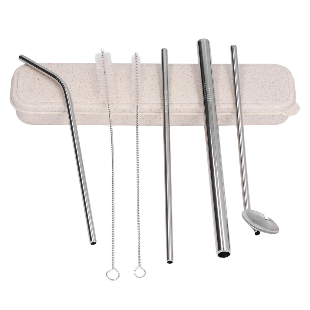 Portable 304 Stainless Steel Drinking Straws Spoon Set Reusable Cocktail Drinking Straws with 2