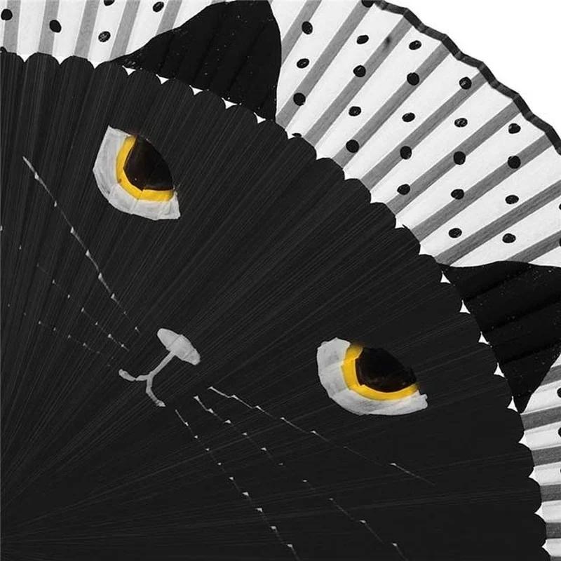 Cartoon Cat Painted Folding Fan Vintage Bamboo Silk Hand Fan Craft Home Decoration