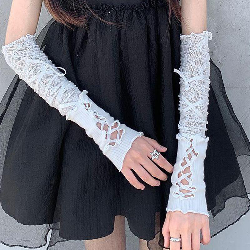 1Pieces Lolita Strapping Bow Fishnet Lace Fingerless Gloves Floral Elastic Mesh Handwear Mountaineering Gloves