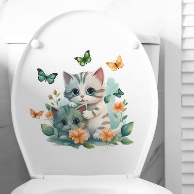 Cartoon Cat Butterflies Toilet Sticker Removable Self-adhesive Waterproof PVC Living Room Bedroom Bathroom Wall Art Animal Flower Decoration Decal