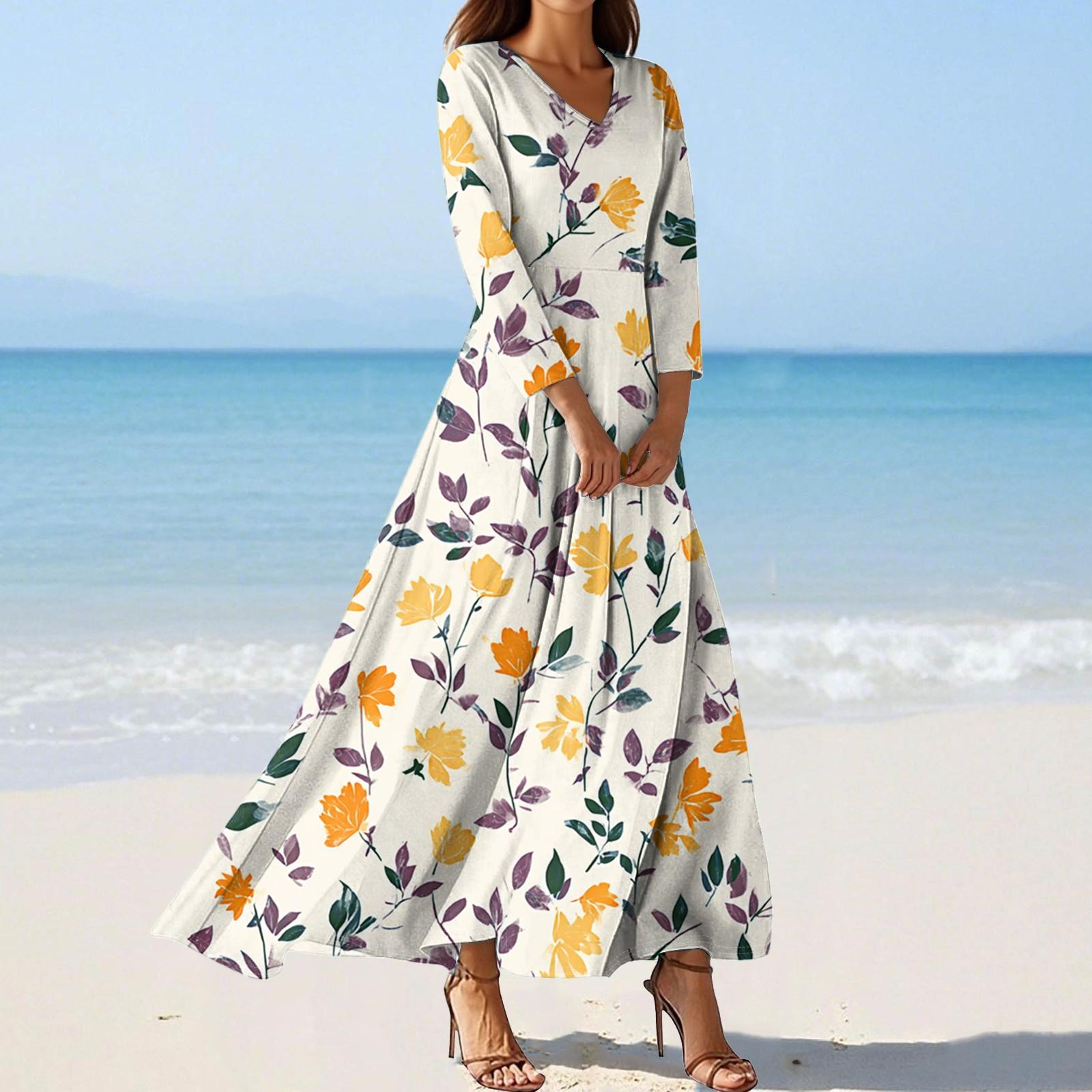 Women s Fashion V-Neck Floating Beach Dresses Seven Sleeve Floral Printed Dresses XL жёлтый