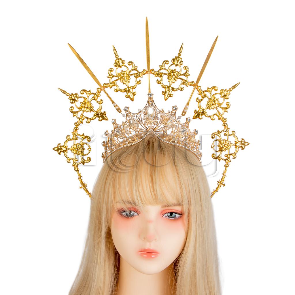 Lolita Vintage KC Headband Angel Gold Halo Goddess Headpiece Virgin Mary Halo Bride Crown Bead Chain Baroque Tiara Headwear