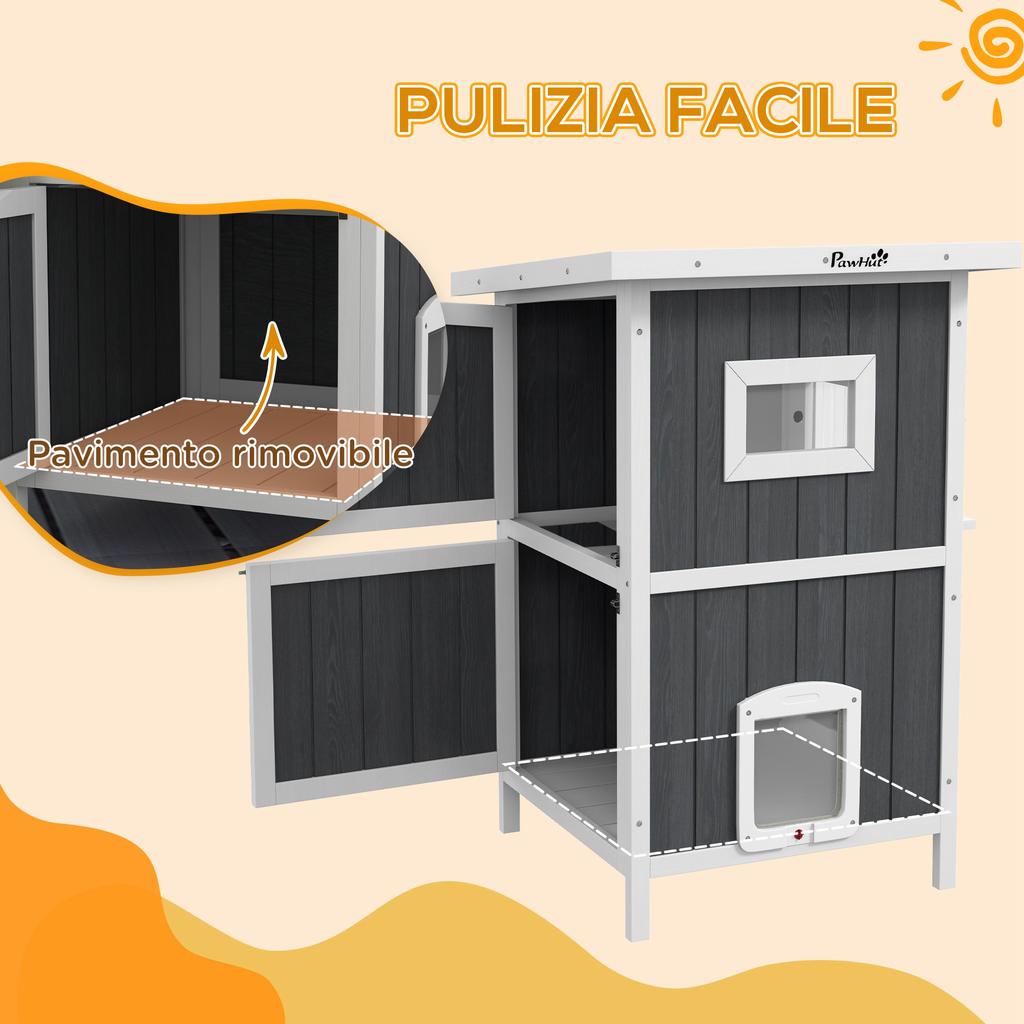 Outdoor Wooden Cat House On 2 Levels with Asphalt Roof and 4 Doors, 60x60x90.5cm, Grey