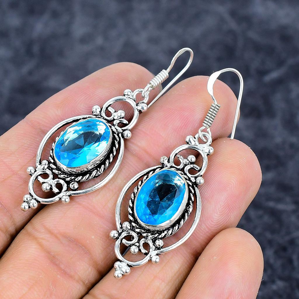 Blue Topaz Gemstone Handmade 925 Sterling Silver Jewelry Earring 2.21" M-3291