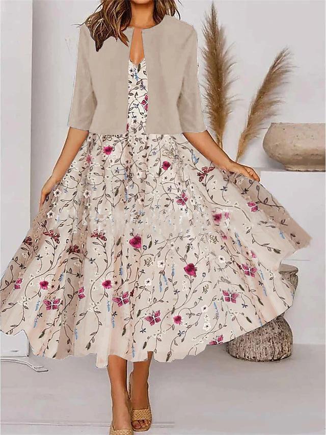 Women's Relaxed Fit Skirt Suit Three Quarter Sleeve Crop Jacket Flared Midi Dress 2024 Fall Floral Print Elegant Two Piece Outfit Set