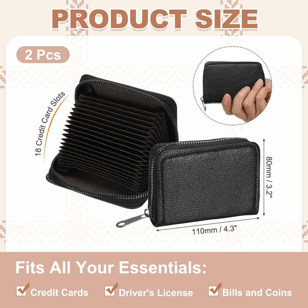 PATIKIL Accordion Credit Card Holder Zipper Wallet, 2-Piece Leather Card Case Organizer with 18 Card Slots for Men and Women, Black (2 Multi-Slots)