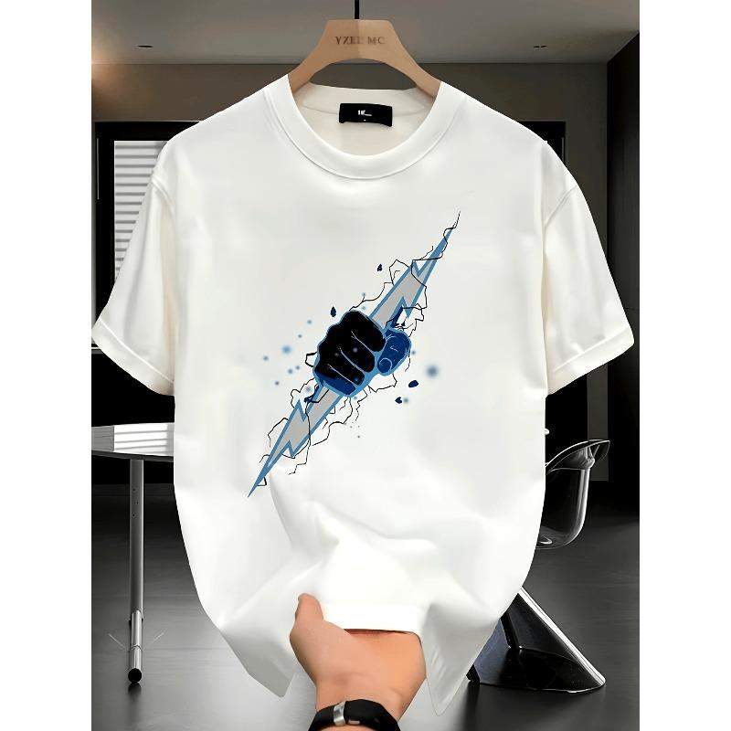 European sizes Men s Heavyweight Cotton T-Shirt with Bold Lightning Bolt & Lightning Bolt Graphic Print - White with Blue & Black Design S белый