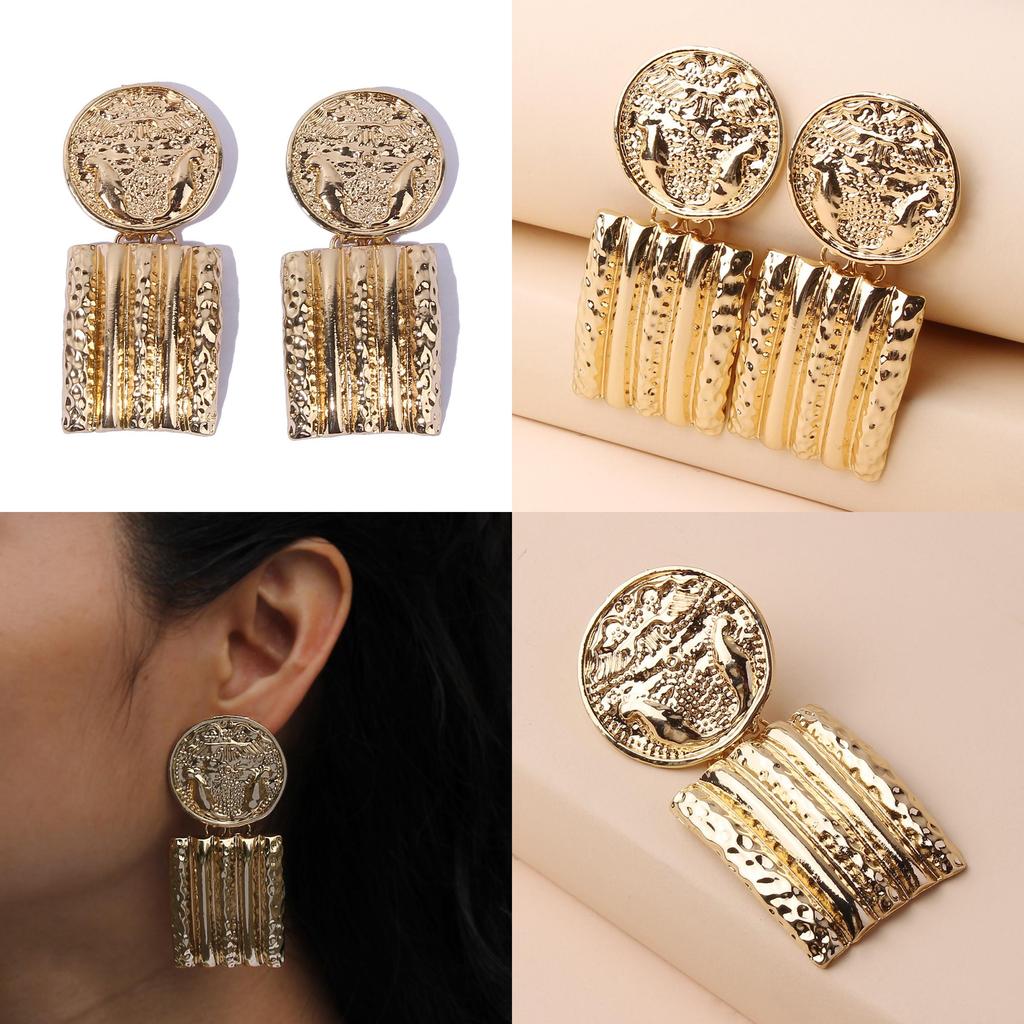 Contemporary Geometric Gold Metal Earrings With Relief Design For Business And Formal Events
