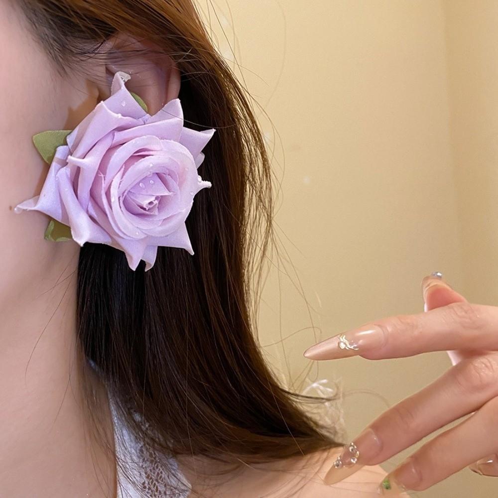 French Style Floral Stud Earrings Cloth Drop Earrings Sweet Rose Flower Earrings Beach