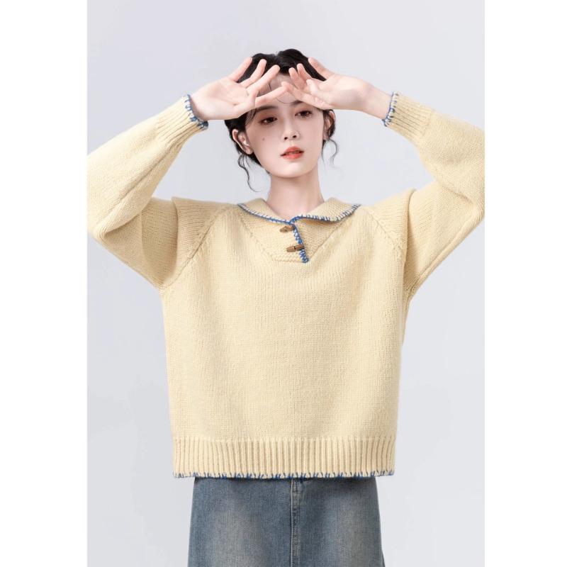 Gelber Reverskragen Damen Strickpullover Einzigartige Schnalle Modisches Damenoberteil Koreanischer Lässiger Lockerer Pullover