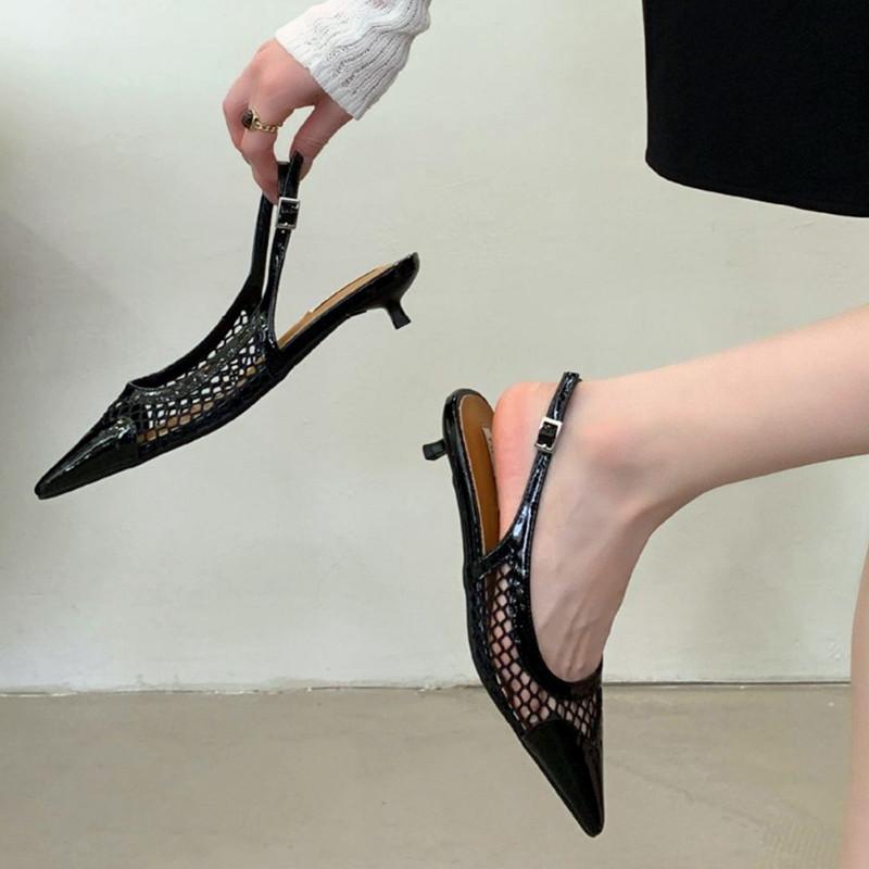 Mesh Low Heeled Sandals Sexy Pointed Toe Elegant Mule Shoes Summer Fashion Party Dress Shoes Pumps for Ladies  Designer Sandals