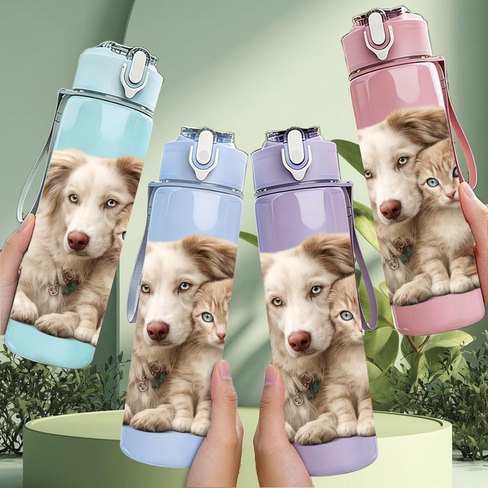 1PC Two Cute Puppy Dogs Snuggling Print 750ml Color Plastic Sports Water Bottle Leakproof Flip Straw Lid Suitable for Sports Office Home Use