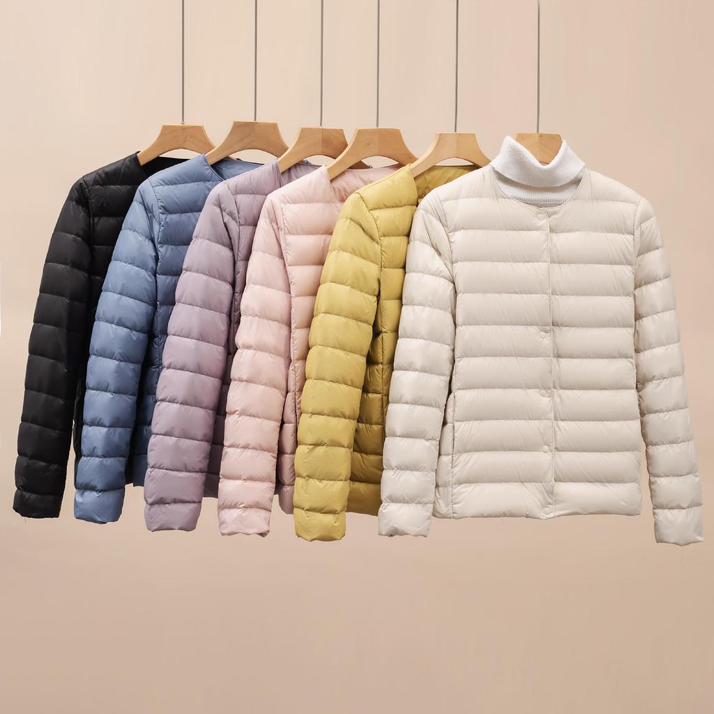 Women's Short Round Neck Warm Jacket - Solid Color Long Sleeve Down Liner for Autumn and Winter.