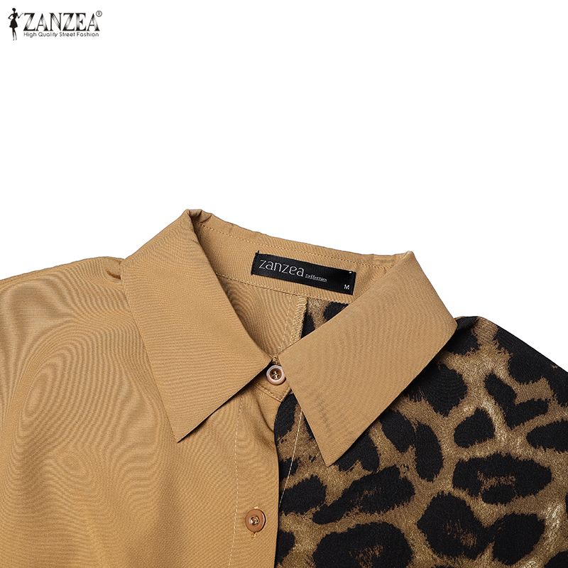 ZANZEA Women Casual Turn Down Collar Loose Short Sleeve Leopard Patchwork Long Dress