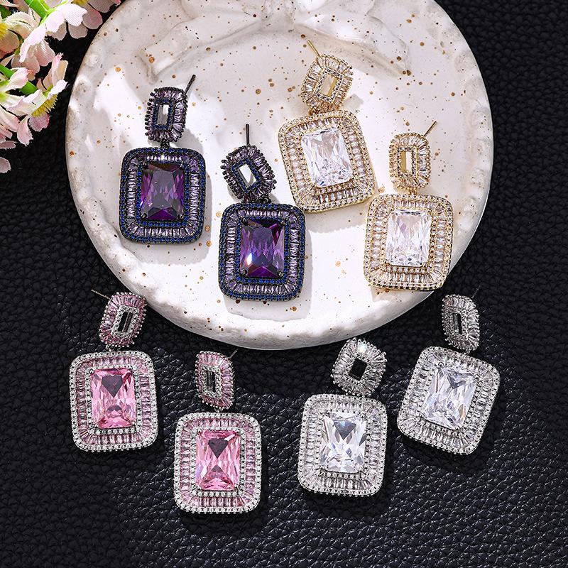 European and American Bold Super Flash Zircon Geometric Square Earrings for Evening Dress