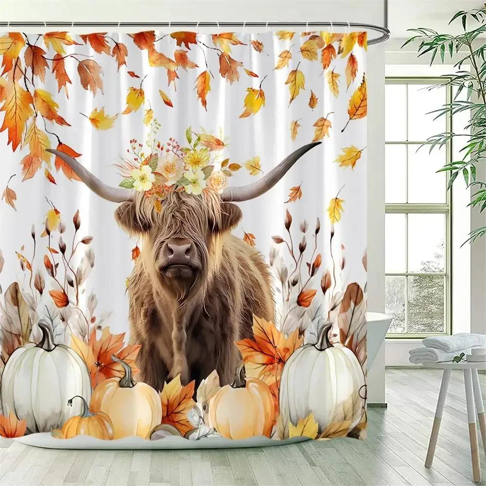 Funny Highland Cow Shower Curtain Farm Animal Sunflower Watercolour Flowers Farmhouse Polyester Fabric Bathroom Decor with Hooks