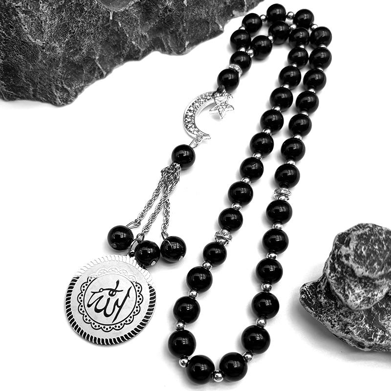 Arabischer Allah Gott Autoanhänger Edelstahl Goldfarbe Islamisches Muslimisches Amulett Grünes Glas Gebetsperlen Ketten Mond Stern Schmuck