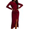 Retro solid color waist wrinkled metal decoration slim fit hip wrap medium long dress temperament elegant body dress