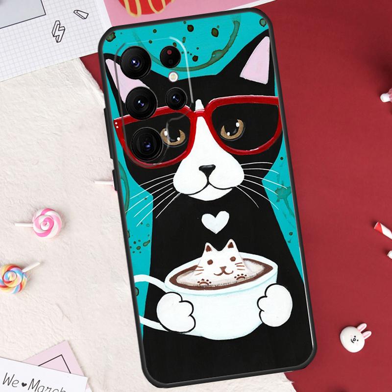 Cute Coffee Milk Cat Case For Samsung Galaxy S25 FE S23 FE S20 S21 S22 S24 S25 S26 Ultra S10 S25 Plus Cover Shell