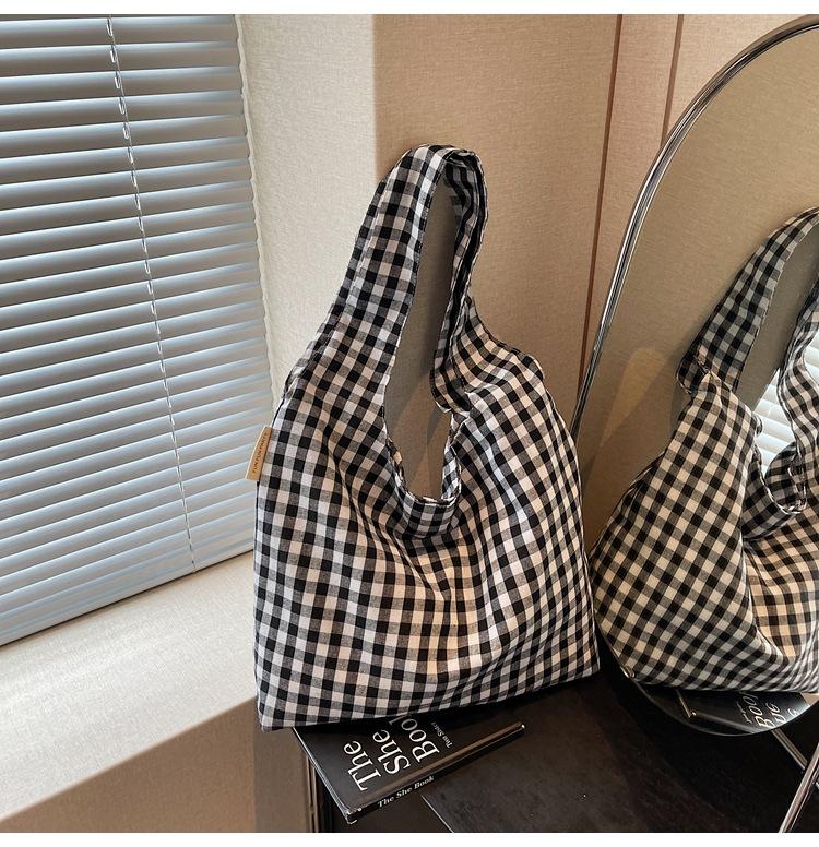 Plaid Canvas Bag Women's Large-capacity New Summer Versatile Shoulder Shopping Bag College Student Tote Bag