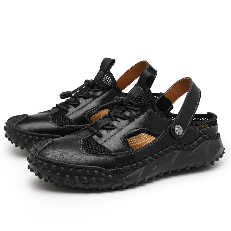 

Летние мужские мокасины с вырезами, удобные кожаные сандалии с вырезами, новинка 2024 года, пляжные классные тапочки Half Drag All-match для походов 46 чёрный