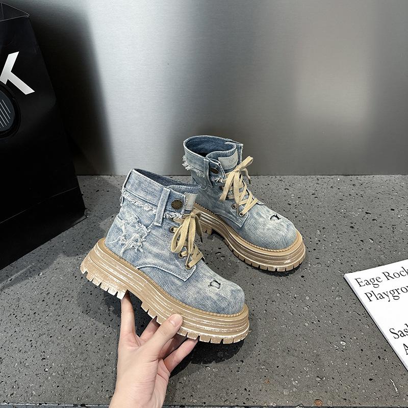 Модные джинсовые ботинки на толстой подошве осенние рабочие ботинки в стиле ретро короткие мотоциклетные ботинки из старых джинсовых ботинок для женщин 35 синий 4498₽