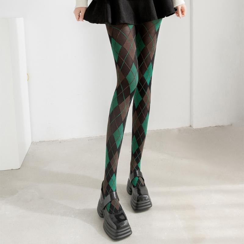 Dames Argyle Ruitpatroon Panty Ademend Nylon Stof OnDoorzichtig Maillot Kousen Stijlvolle Contrastkleur Leggings
