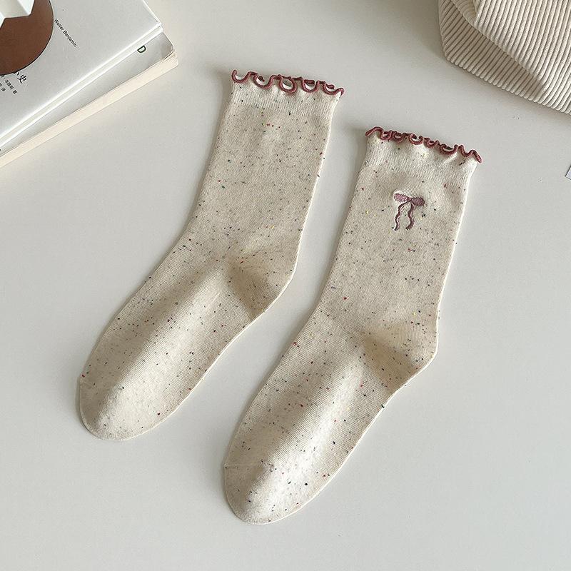 SCIONE Women's Pile Socks Solid Color Cotton Socks Spring and Autumn Yarn Stockings Cute Kapibala Series Ruffled Trim Embroidered Girl Socks