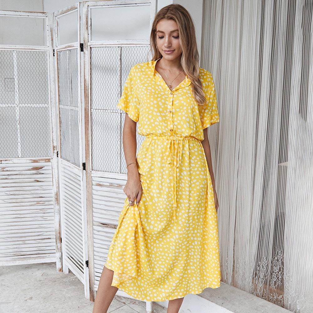 Europe, America 2026 summer new long dress V-neck temperament fresh button-tie polka dot dress