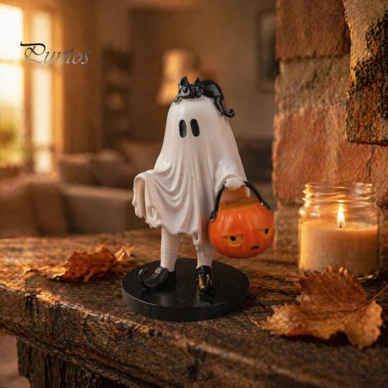 Statua di Fantasma con Zucca Statuetta Vintage di Halloween, Statuetta Spettrale Carina in Resina Collezione Artistica da Scrivania Secchio e Gatto Nero per Interni