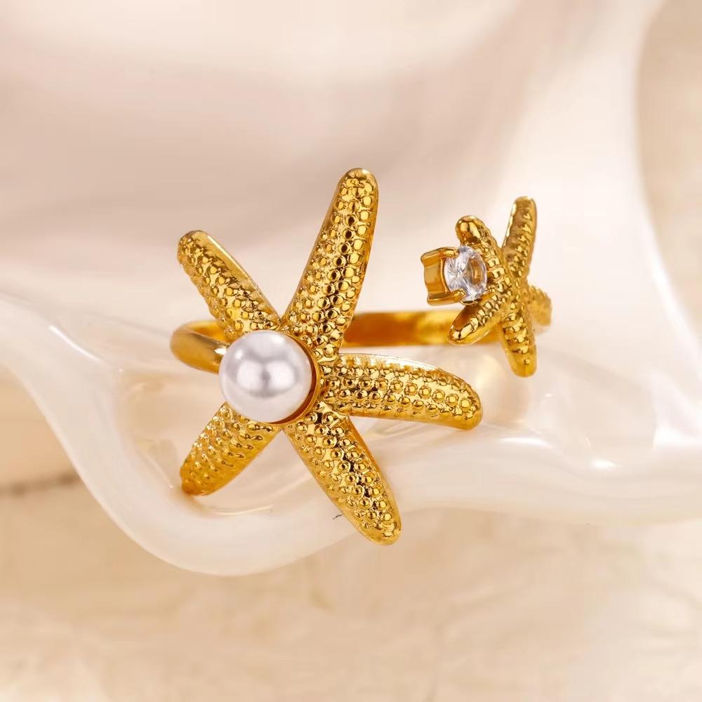 Creative oil pressure starfish conch titanium steel ring female zircon inlay with design summer beach jewelry