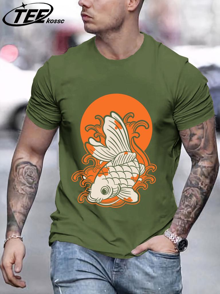 Japanese Harajuku Sunset Koi Men T Shirts Casual Hip Hop Tops Multicolor Cotton TShirt Summer Loose Male Crewneck Short Sleeve