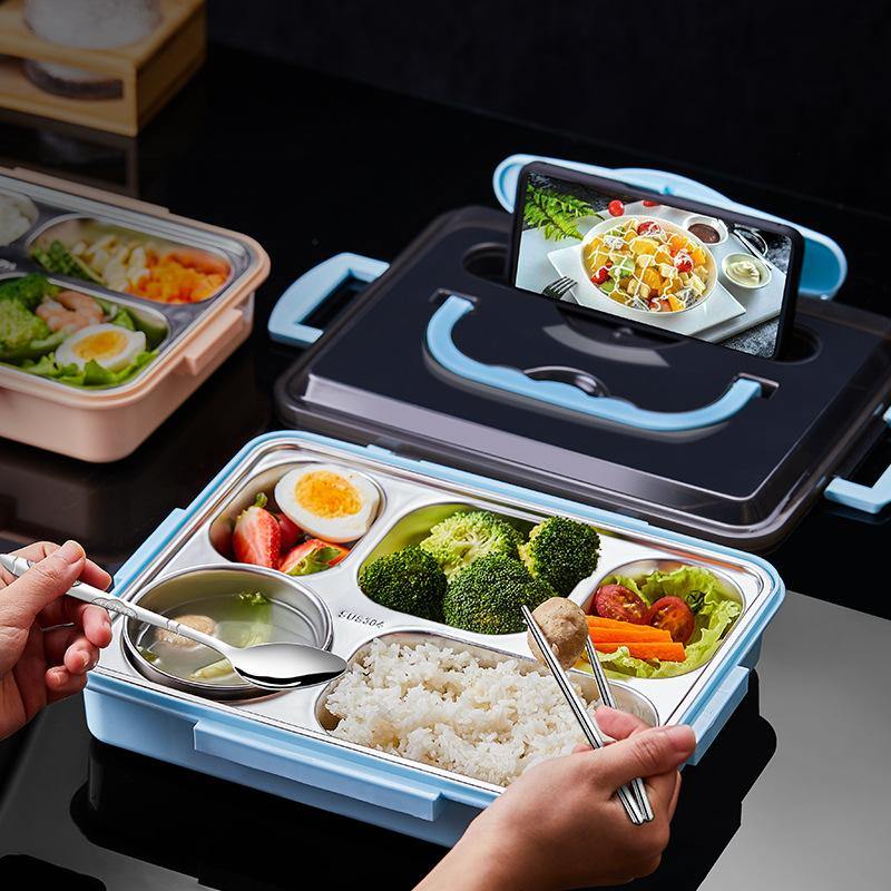 Mittagessenbox 304 Edelstahlplatte Schülerspeisesaal Heizbar Bento Tragbar Fast Food Thermoisolierung Fächer Mittagessenbox