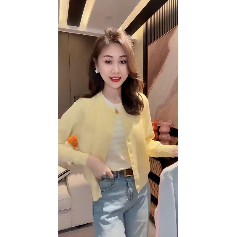 

Clothes Wear French Style Gentle Knitting Fake Two Pieces Sweaters Cardigan Women s Spring Stripes Patchwork Top Sweater Yellow 3XL