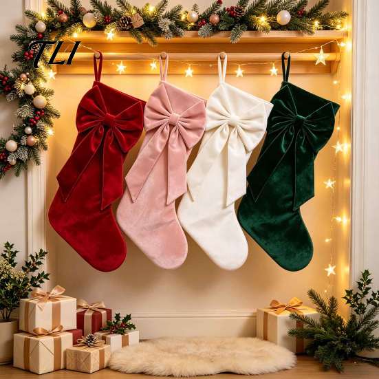 Reusable Fabric Stockings Velvet Christmas with Decorative Bow, Large Xmas Hanging Sturdy Candy Holders Socks for Fireplace, Mantel, Tree, Holiday