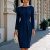Women's Round Neck Long Sleeve Pleated Midi Dress with Slim Fit Waist for