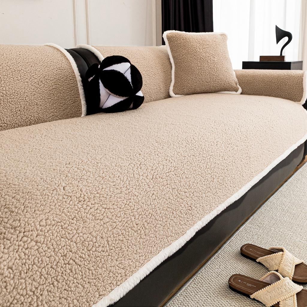 Warm Solid Sherpa Fleece Sofa Cover with Fluffy Binding, Non-slip Soft Sofa Towel Couch Cover For Living Room Winter Home Decor