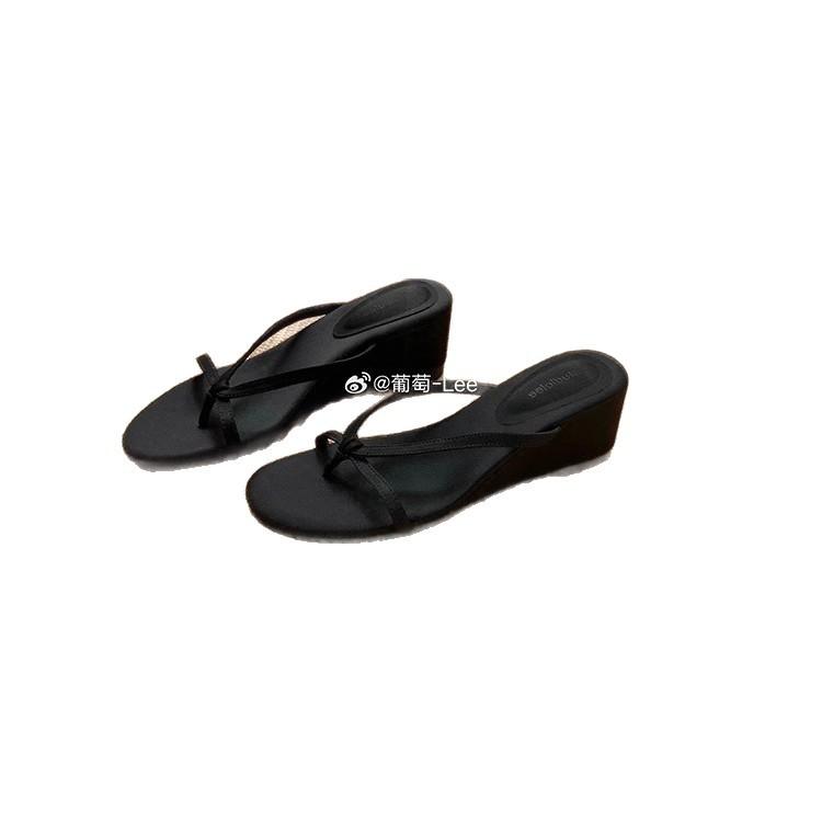 Sheepskin~ Grape mother has the same heel height of 6cm French toe fairy wind wearing thin band wedge heel cool slippers