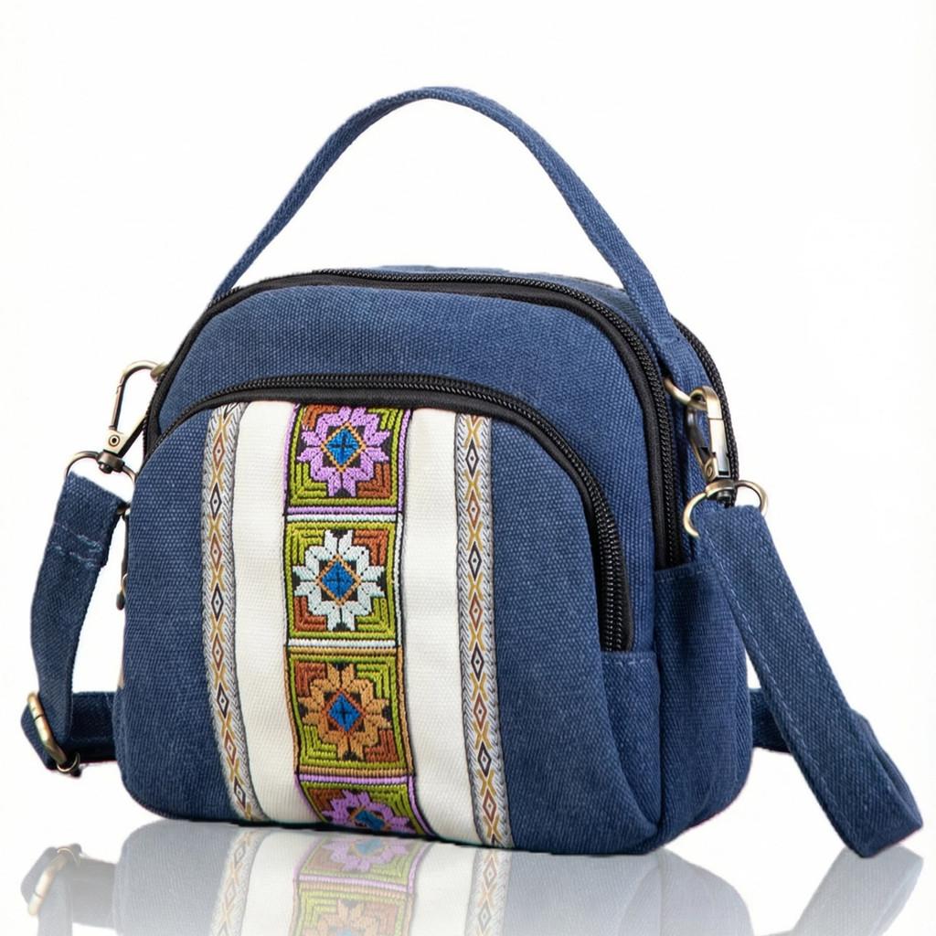 Ethnic Embroidery Canvas Crossbody Bag For Daily Use With Zipper Closure And Multiple Pockets