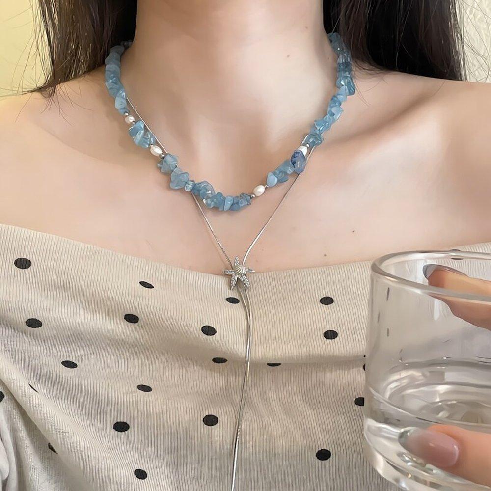 

Women s Summer Blue Stone Starfish Shell Long Necklace Bluestone / Size: free