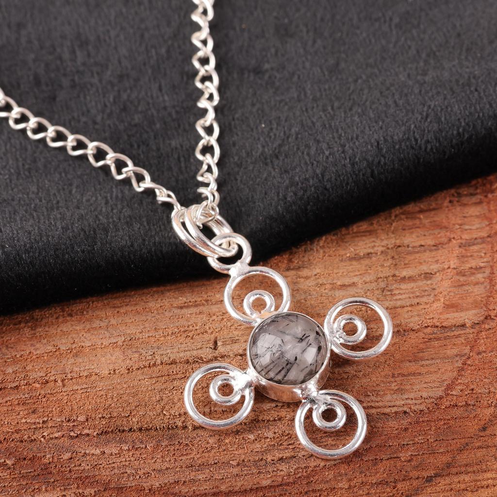 Schmuck mit schwarzem Rutil, 925 massiver Sterlingsilber Edelsteinanhänger, handgefertigter Anhänger, für den Memorial Day